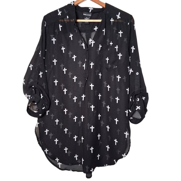 Emo Tops - Wet Seal Holy Cross Blouse XL Black Sheer Roll Tab Sleeve Emo Goth Religious